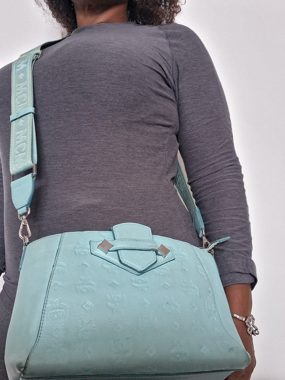 Mint Green Embossed Leather Crossbody Bag with Wide Adjustable Strap